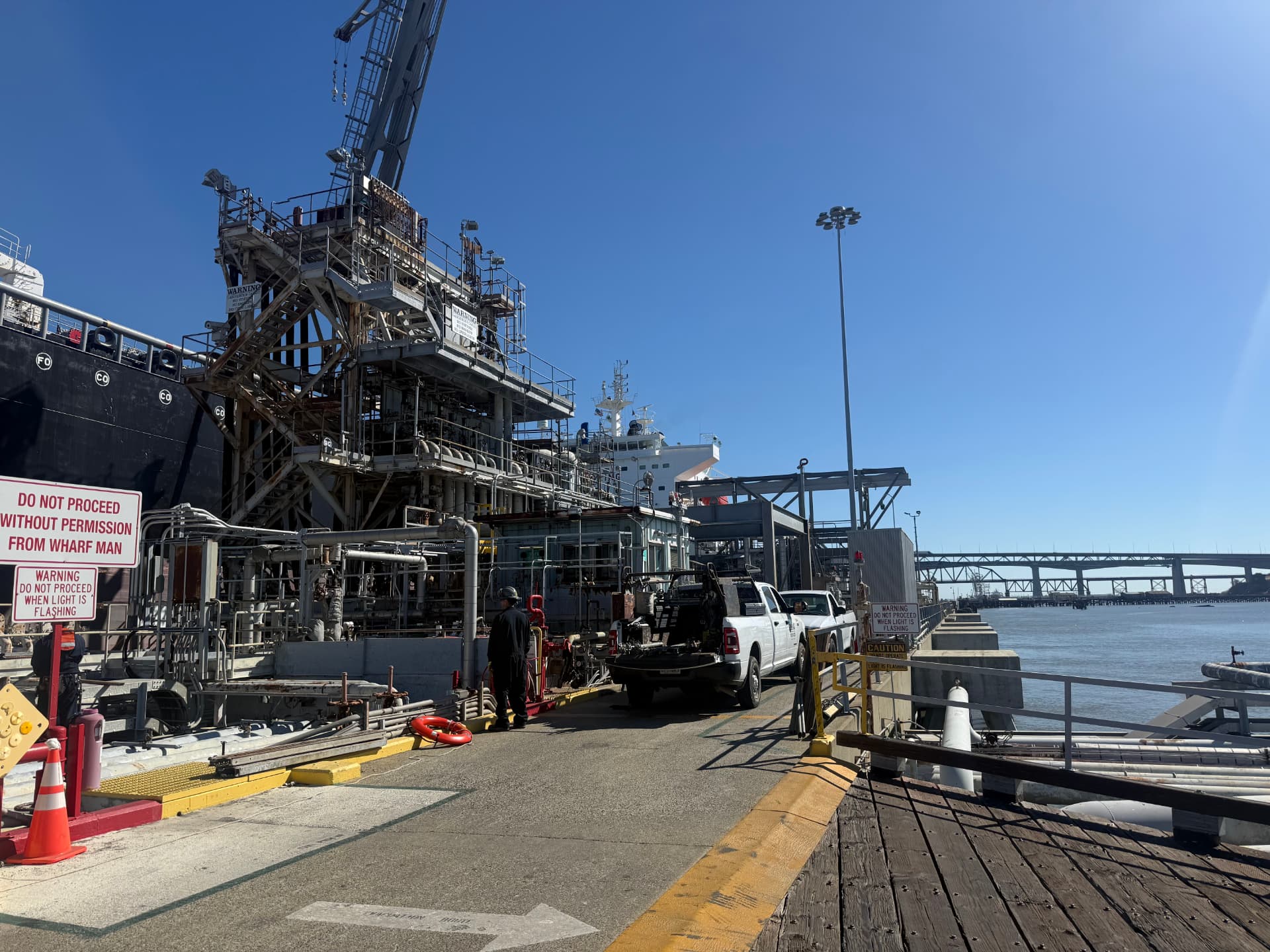 Tanker alongside the wharf during a sampling call